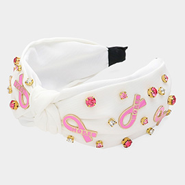 Enamel Pink Ribbon Stone Cluster Embellished Knot Headband