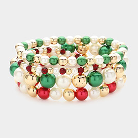 4PCS - Pearl Metal Beaded Stretch Multi Layered Bracelets