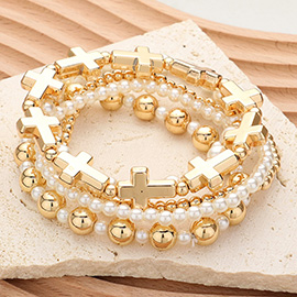 5PCS - Metal Cross Pearl Beaded Stretch Multi Layered Bracelets