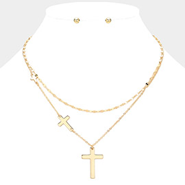 Metal Cross Pendant Pointed Double Layered Neacklace
