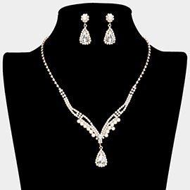 Teardrop Stone Pointed Pearl Rhinestone Paved Necklace