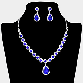 Teardrop Stone Pointed Flower Rhinestone Paved Necklace