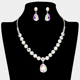 Teardrop Stone Pointed Flower Rhinestone Paved Necklace