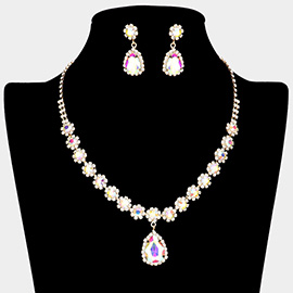 Teardrop Stone Pointed Flower Rhinestone Paved Necklace