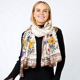 Flower Print Satin Oblong Scarf