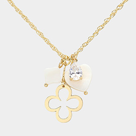 Mother Of Pearl Quatrefoil Heart Metal Open Clover Charm Pendant Necklace