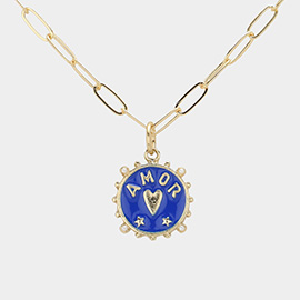 Enamel Amor Heart Pointed Disc Pednant Necklace