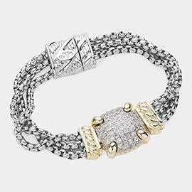 14K Gold Plated Two Tone CZ Stone Paved Square Pointed Magnetic Bracelet