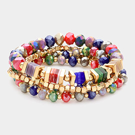 5PCS - Metal Cube Faceted Beaded Multi Layered Stretch Bracelets