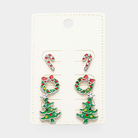 3Pairs - Enamel Christmas Candy Cane Wreath Tree Stud Earrings