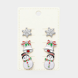 3Pairs - Enamel Christmas Snowflake Bell Snowman Stud Earrings