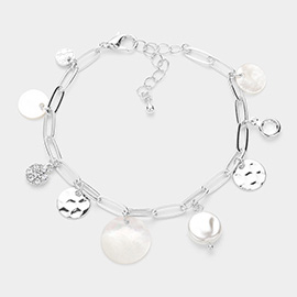 Mother Of Pearl Disc Metal Disc Charm Paperclip Chain Bracelet