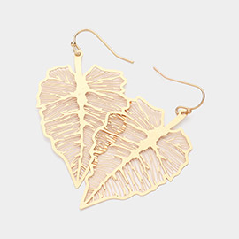 Brass Metal Filigree Leaf Dangle Earrings