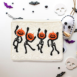 Halloween Pumpkin Dancing Skeleton Seed Beaded Mini Pouch Bag