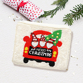 MERRY CHRISTMAS Santa Car Seed Beaded Mini Pouch Bag