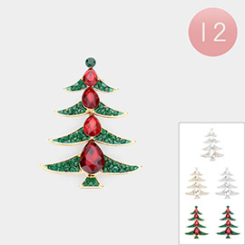 12PCS - Teardrop Stone Accented Christmas Tree Pin Brooches