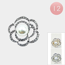 12PCS - Pearl Pointed Rhinestone Paved Flower Pin Brooch