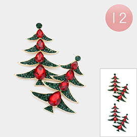 12Pairs - Teardrop Stone Accented Metal Christmas Tree Dangle Earrings