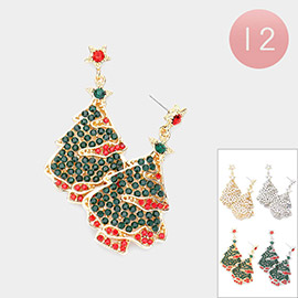 12Pairs - Rhinestone Embellished Christmas Tree Dangle Earrings