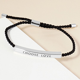 White Gold Dipped CHOOSE LOVE Message Bar Pointed Rope Adjustable Cinch Pull Tie Bracelet