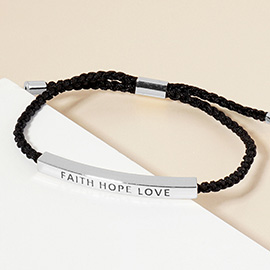 White Gold Dipped FAITH HOPE LOVE Message Bar Pointed Rope Adjustable Cinch Pull Tie Bracelet