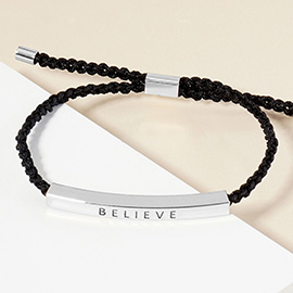 White Gold Dipped BELIEVE Message Bar Pointed Rope Adjustable Cinch Pull Tie Bracelet