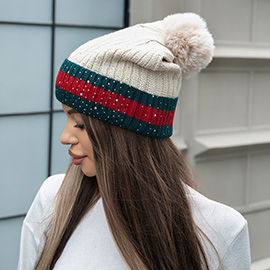 Bling Studded Color Block Pom Pom Beanie Hat