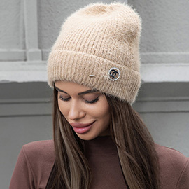 Lapel Pin Brooch Accented Fuzzy Beanie Hat