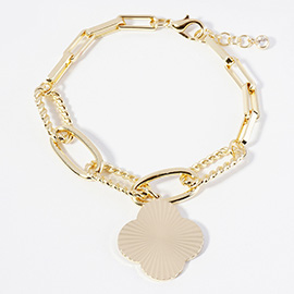 Gold Dipped Textured Metal Quatrefoil Charm Chunky Chain Bracelet