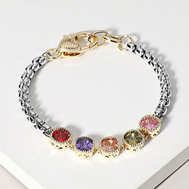 14K Gold Plated Square Colorful CZ Stone Cluster Link Bracelet