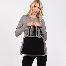 Fleece Trimmed Solid Tote / Crossbody Bag With Adjustable Strap