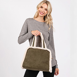 Fleece Trimmed Solid Tote / Crossbody Bag With Adjustable Strap