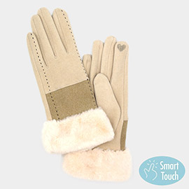 Two Tone And Stitch Lines Faux Fur Cuff Smart Touch Gloves