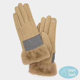 Two Tone And Stitch Lines Faux Fur Cuff Smart Touch Gloves