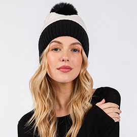 Two Tone Fleeced Pom Pom Beanie Hat