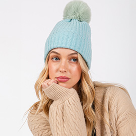 Solid Color Pom Pom Two Tone Beanie Hat