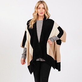 Fuzzy Colorblocked Knit Kimono Poncho