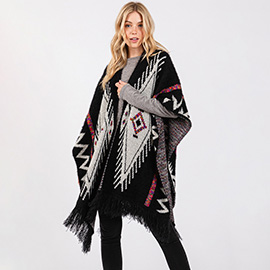 Fuzzy Aztec Pattern Tassel Knit Ruana Poncho