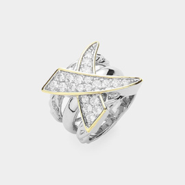 CZ Stone Paved Two Tone Crisscross Pointed Ring