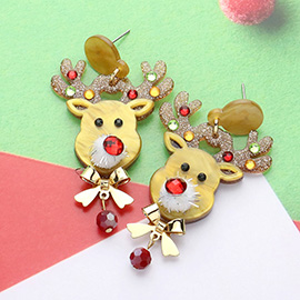 Stone Embellished Glittered Resin Rudolph Dangle Earrings