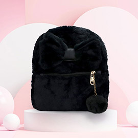 Faux Fur Bow Pom Pom Pointed Plush Mini Backpack