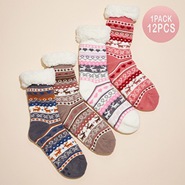 12Pairs - Fuzzy Sherpa Cuff Christmas Pattern Socks