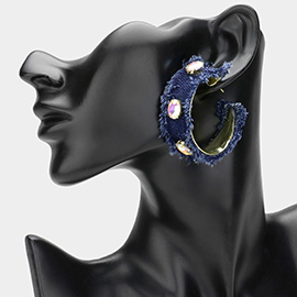 Oval Stone Cluster Denim Fray Hoop Earrings