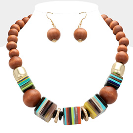 Abstract Wooden Ball Acetate Cube Beaded Chunky Statement Necklace