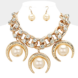 Oversized Pearl Pointed Crescent Charm Accented Stone Embellished Chunky Chain Statement Necklace