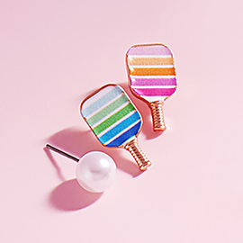 3Pairs - Enamel Striped Pickle Ball Paddle Pearl Stud Earring Set