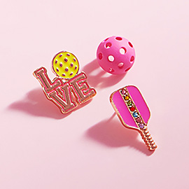 3Pairs - Enamel Pickleball LOVE Stud Earrings