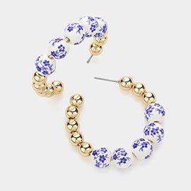 Floral Pattern Blue Ceramic Metal Ball Beaded Hoop Earrings