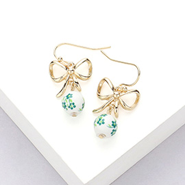 Metal Bow Pointed Floral Pattern Ceramic Ball Dangle Earrings