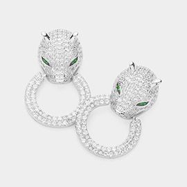 CZ Stone Paved Leopard Door Knocker Evening Earrings